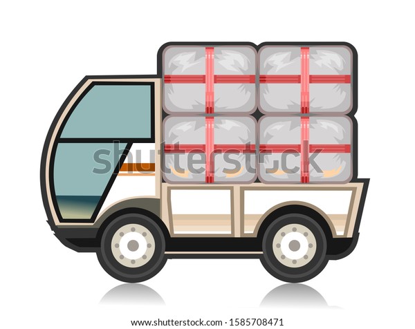 Little car truck. Vector. Flat. Cargo services.\
Cartoon.Dispatch machine shipment. Auto freight. Delivery\
consignment. A small truck for transporting goods. Logistics\
lading. Truck weight, burden.\
