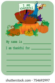 little card postcard invitation colored Thankful funny turkey and pumpkins for child kid for thanksgiving day dinner, vector illustration