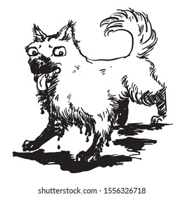 Little caricature bug-eyed dog smeared in mud.
Black and white ink drawing.