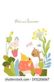 Little cartoon animals in summer plants and flowers