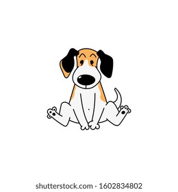 Little cartoon beagle dog sitting on the floor isolated on white background - cute small pet animal with yellow, black and white fur. Flat vector illustration.