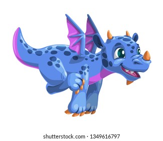 Little cartoon blue flying dragon. Vector friendly fantasy monster illustration. Isolated icon on white.