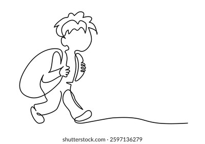 Little cartoon Boy with Backpack Goes to School. Continuous one Line drawing. Vector illustration. Education and back to school concept for logo, card, banner, poster flyer