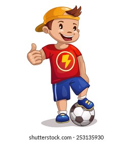 Little cartoon boy with ball, isolated vector illustration