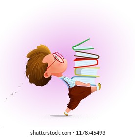 Little cartoon boy bringing stack of books. Education concept. Vector