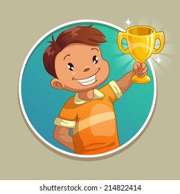 Little cartoon boy with gold winner cup in the round frame