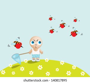 Little cartoon boy standing with a butterfly net in hand against angry bees, vector illustration