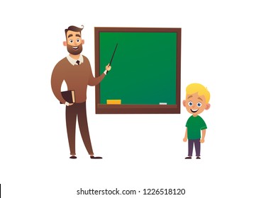 Little cartoon boy study in school class with teacher vector
