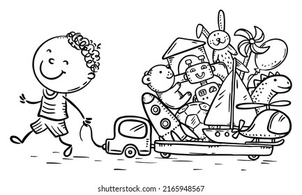 Little cartoon boy with a lot of toys on truck, coloring page