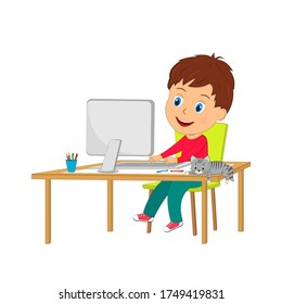 Little Cartoon Boy Using Computerillustrationvector Stock Vector ...