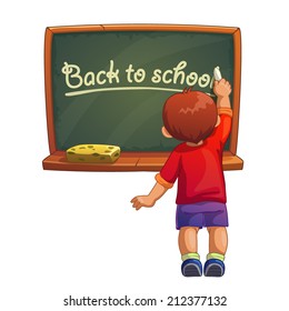 Little cartoon boy writes with chalk on a blackboard, back to school illustration. Isolated vector