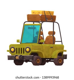 Little cartoon car with suitcases for travel isolated vector