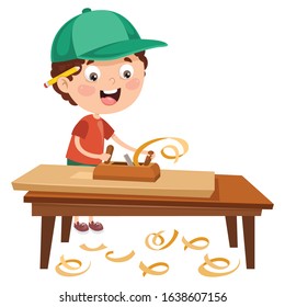 Little Cartoon Carpenter Working With Woods