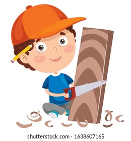Little Cartoon Carpenter Working With Woods