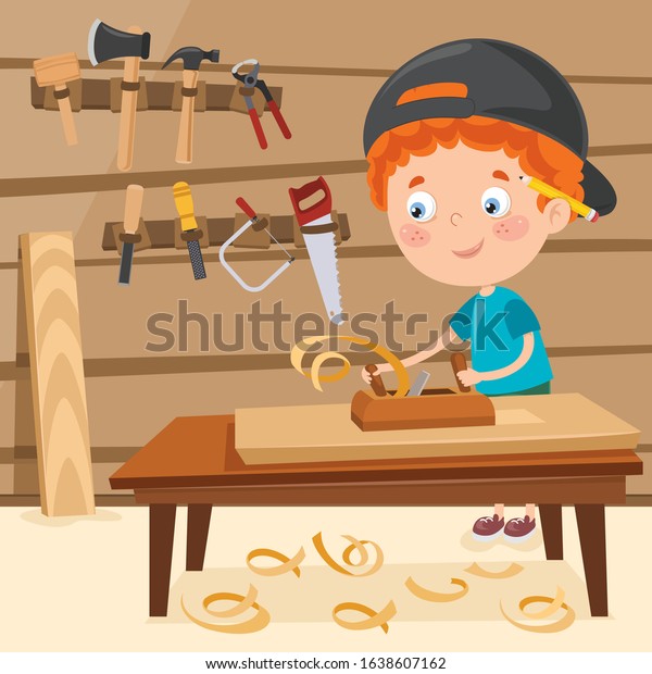 Little Cartoon Carpenter Working Woods Stok Vektor Telifsiz 1638607162