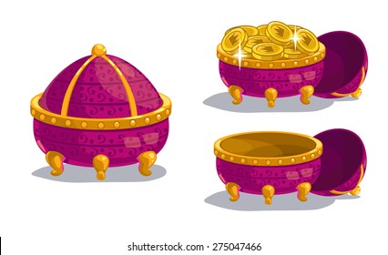 Little cartoon casket, closed, empty and full of coins, isolated on white