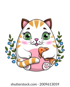 Little cartoon cat or kitty with large green eyes clutching a fish sitting amongst spring flowers, flat cartoon colored vector illustration isolated on white background for design a element or card