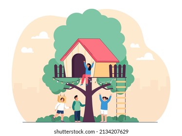 Little cartoon children playing around tree house in summer. Landscape with girls and boys in nature or kindergarten playground flat vector illustration. Childhood, leisure concept for banner