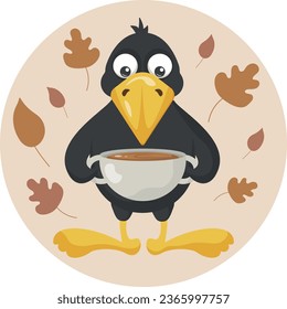 Little cartoon crow with cup of tea or coffee. Small black bird. Autumn vector illustration with raven and leaves