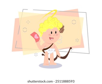 Little cartoon Cupid holding flyer with heart. Love concept. Vector illustration can be used for topics like party invitation, Valentines day, celebration