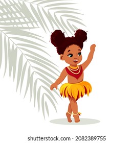 pequeña caricaturista niña africana de pie sobre puntillas en una falda hecha de hojas. Fondo vectorial de las hojas de palma