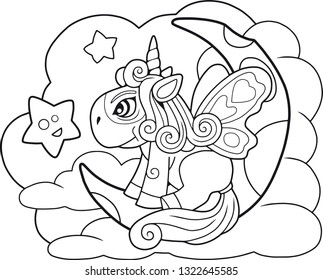 little cartoon cute pony unicorn sitting on the moon coloring book funny illustration
