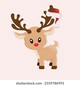 Little cartoon deer with Santa's hat on his antler.Cute baby deer isolated on light background.Vector design