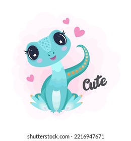 Little cartoon dinosaur sitting. The inscription is cute.For children's design of prints, posters, puzzles, postcards and so on. Vector illustration