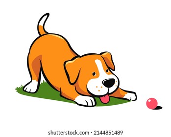 Little cartoon dog playing with a ball vector drawing.