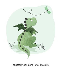 Little cartoon dragon and dragonfly. Vector watercolor illustration for kids.