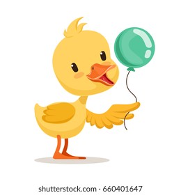 Little cartoon duckling character holding blue balloon, cute emoji vector Illustration