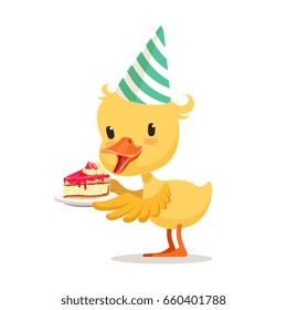 Little cartoon duckling in a party hat holding sweet cake, cute emoji character vector Illustration