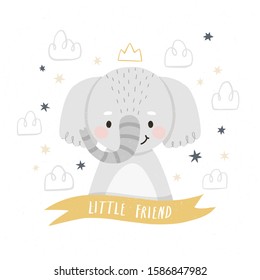 Little cartoon elephant character with stars and clouds. Vector illustration of baby elephant on white background for nursery room decor, posters, greeting cards and party invitations