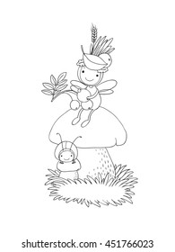 Little cartoon fairy sitting on a mushroom. Cute beetle. Leaves, berries and grass. Hand drawing isolated objects on white background. Vector illustration. Coloring book