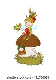 Little cartoon fairy sitting on a mushroom. Cute beetle. Leaves, berries and grass. isolated objects on white background. Vector illustration. 
