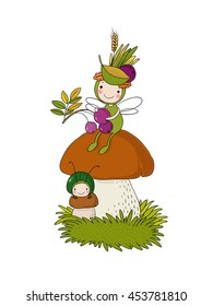 Little cartoon fairy sitting on a mushroom. Cute beetle. Leaves, berries and grass. isolated objects on white background. Vector illustration. 