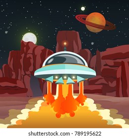 A little cartoon flying saucer takes off from a strange planet. A stony desert with rocks, starry sky. A planet with rings. Space travel. Vector illustration