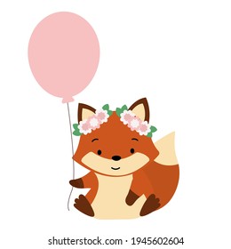 Little cartoon fox with flowers on his head and with a pink balloon, childrens vector illustration.