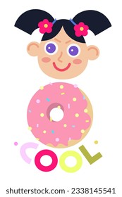 Little cartoon gils head with big pink donut For kids food stickes and designsKindergarten element