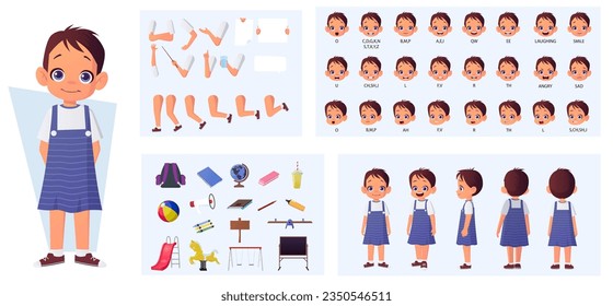 Little Cartoon Girl Character Constructor with Lip-sync, Front, Side, and Rear view, Hand Gestures and Emotions for Animation Vector Illustration