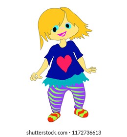 Little cartoon girl in colored clothes isolated on white background