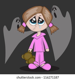 a little cartoon girl is crying r in darkness