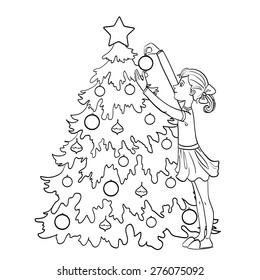 Little cartoon girl decorates Christmas tree with balls, outline isolated on white
