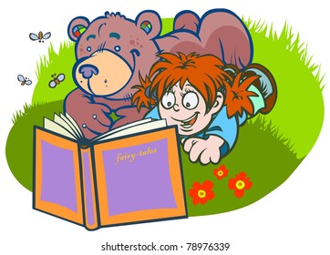 Little cartoon girl with his Teddy bear reading a book on the grass.