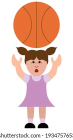 A little cartoon girl is intimidated by the large basketball she is trying to catch
