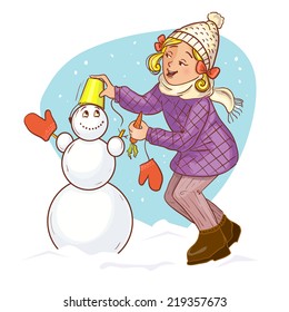 Little cartoon girl makes snow man, eps10 