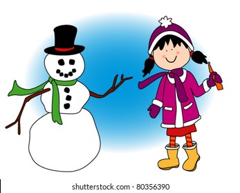 Little cartoon girl playing out playing in the snow and about to put the snowman's carrot nose during the holidays.