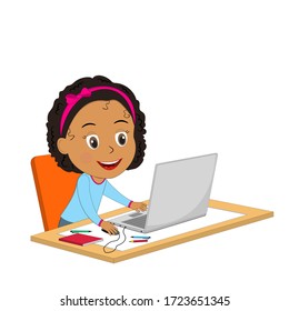 Little cartoon girl using computer,illustration,vector