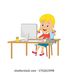 Little cartoon girl using computer,illustration,vector