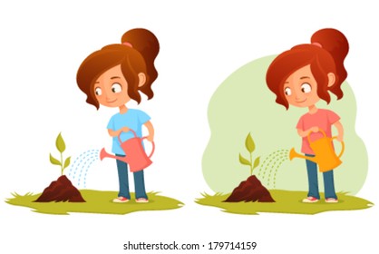 little cartoon girl watering a plant - green concept illustration for kids